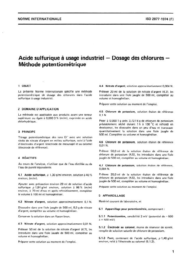 ISO 2877:1974 - Acide sulfurique a usage industriel -- Dosage des chlorures -- Méthode potentiométrique