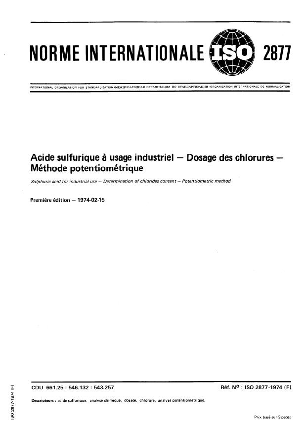 ISO 2877:1974 - Acide sulfurique a usage industriel -- Dosage des chlorures -- Méthode potentiométrique
