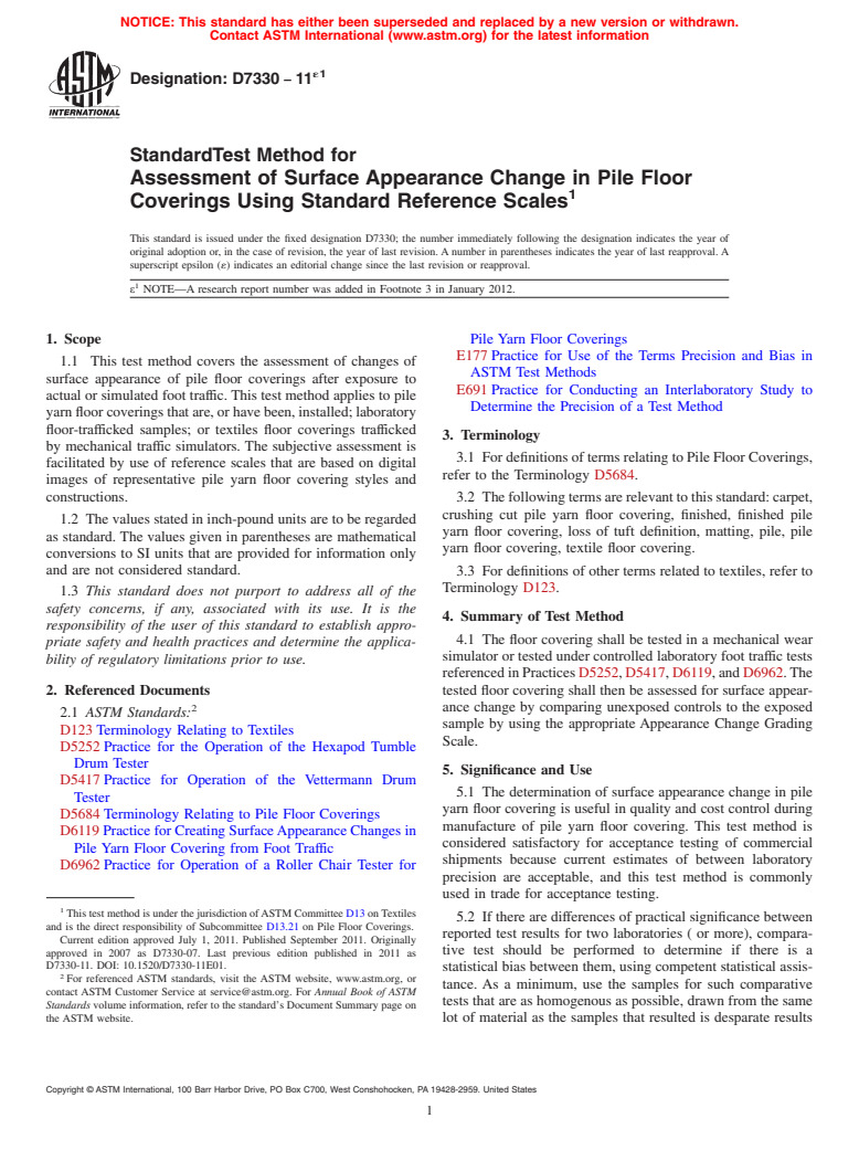 ASTM D7330-11e1 - Standard Test Method for Assessment of Surface Appearance Change in Pile Floor Coverings Using Standard Reference Scales