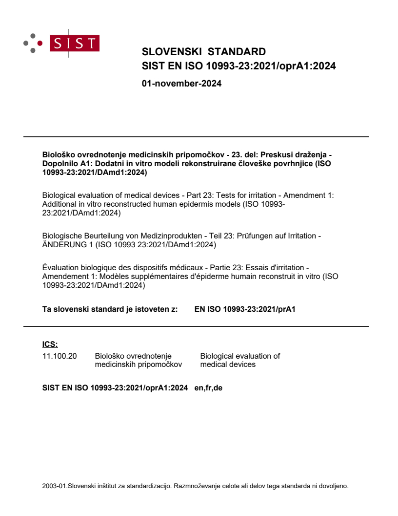 EN ISO 10993-23:2021/oprA1:2024