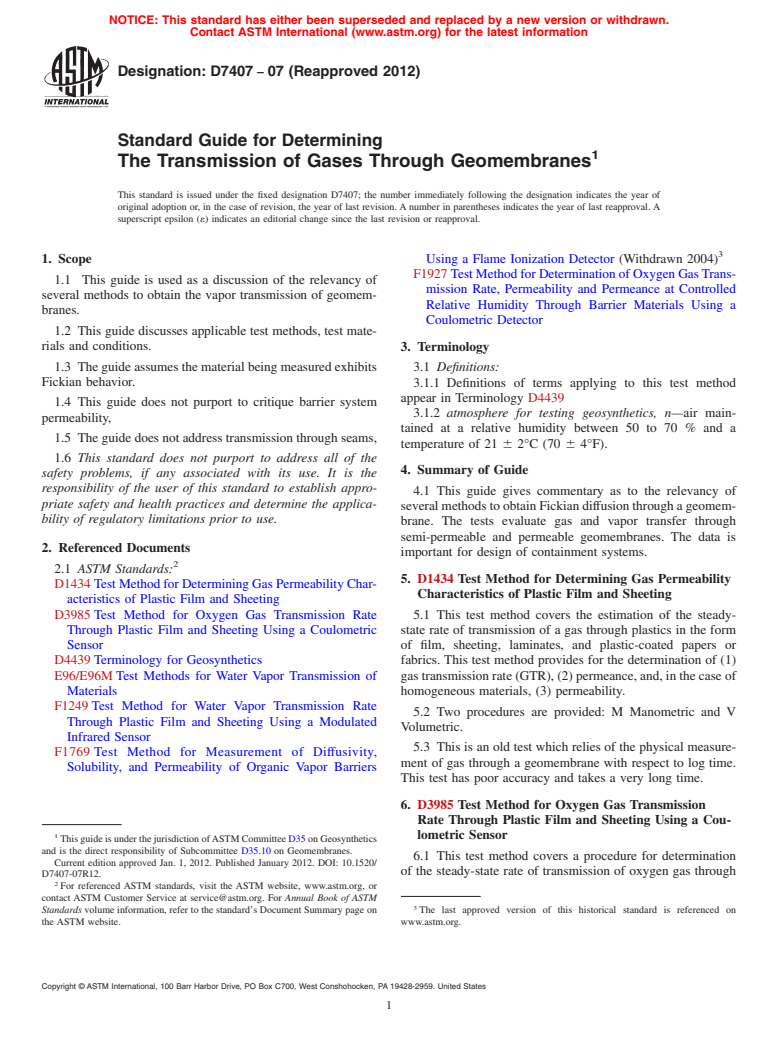 ASTM D7407-07(2012) - Standard Guide for Determining  The Transmission of Gases Through Geomembranes