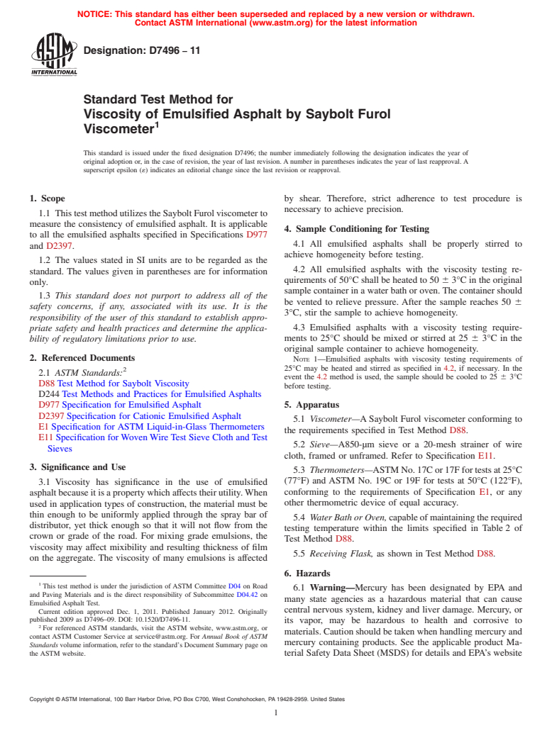 ASTM D7496-11 - Standard Test Method for Viscosity of Emulsified Asphalt by Saybolt Furol Viscometer