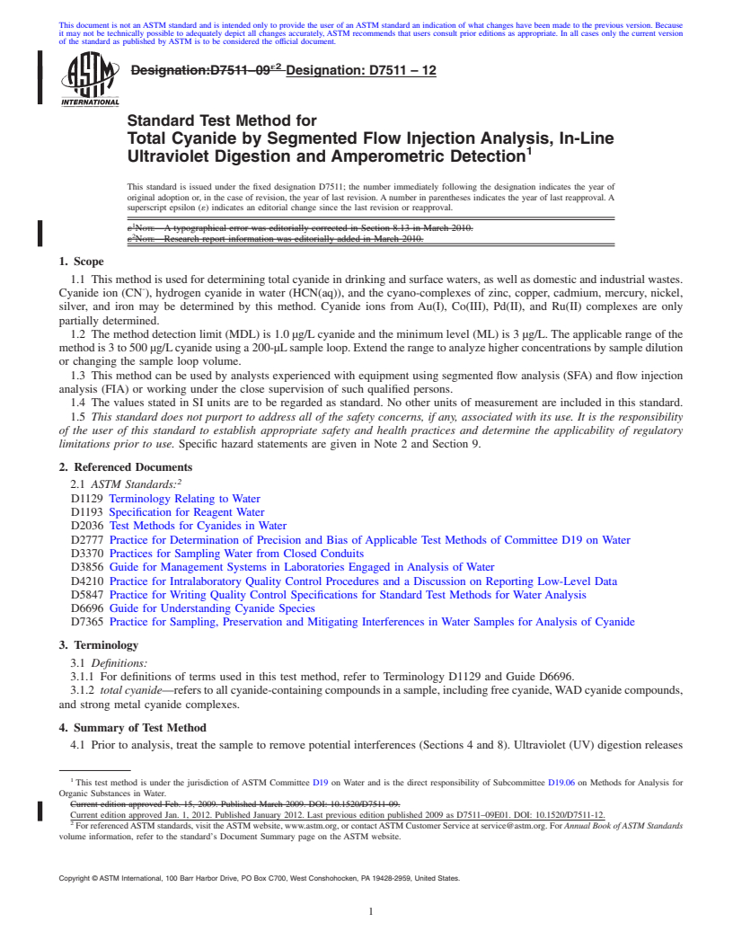 REDLINE ASTM D7511-12 - Standard Test Method for Total Cyanide by Segmented Flow Injection Analysis, In-Line Ultraviolet Digestion and Amperometric Detection