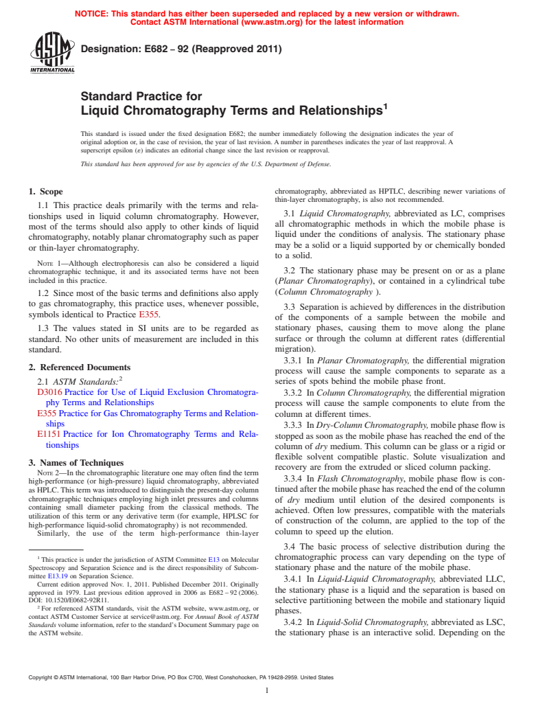 ASTM E682-92(2011) - Standard Practice for  Liquid Chromatography Terms and Relationships