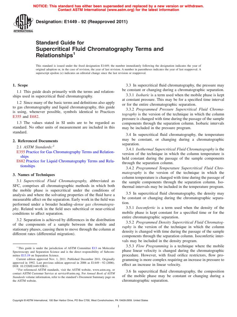 ASTM E1449-92(2011) - Standard Guide for Supercritical Fluid Chromatography Terms and Relationships