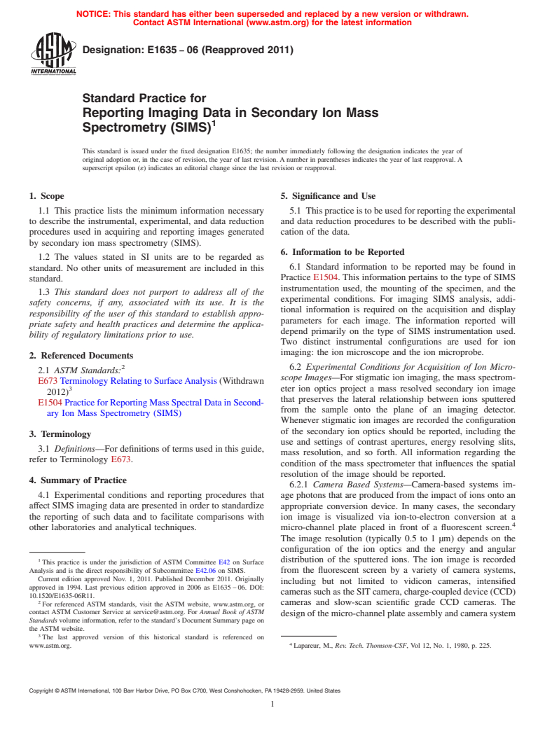 ASTM E1635-06(2011) - Standard Practice for Reporting Imaging Data in Secondary Ion Mass Spectrometry (SIMS)