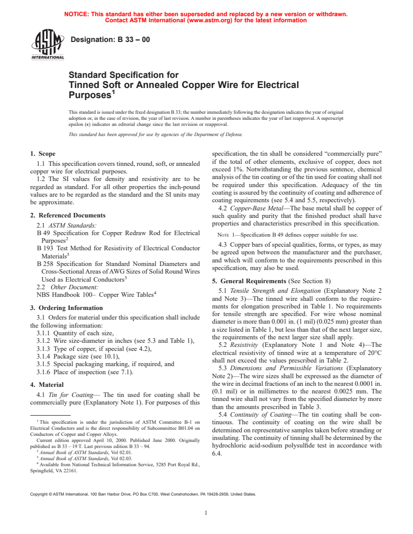ASTM B33-00 - Standard Specification for Tinned Soft or Annealed Copper Wire for Electrical Purposes