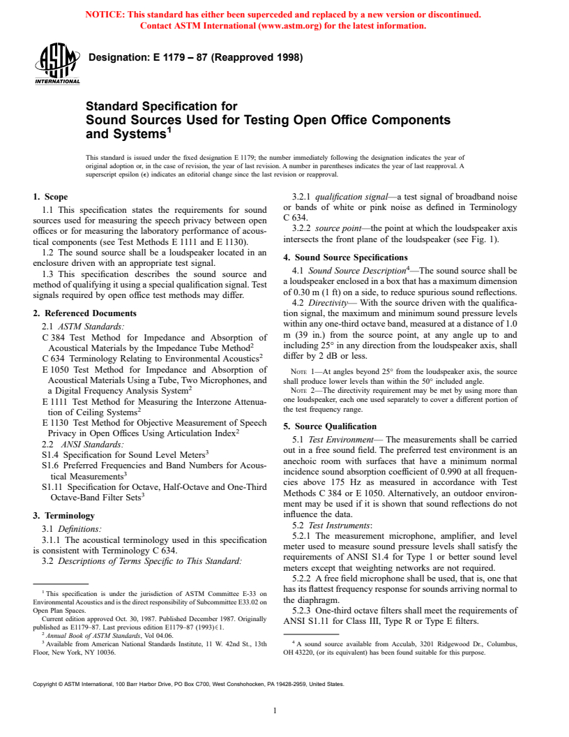 ASTM E1179-87(1998) - Standard Specification for Sound Sources Used for Testing Open Office Components and Systems