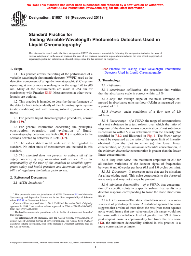 ASTM E1657-98(2011) - Standard Practice for Testing Variable-Wavelength Photometric Detectors Used in Liquid Chromatography