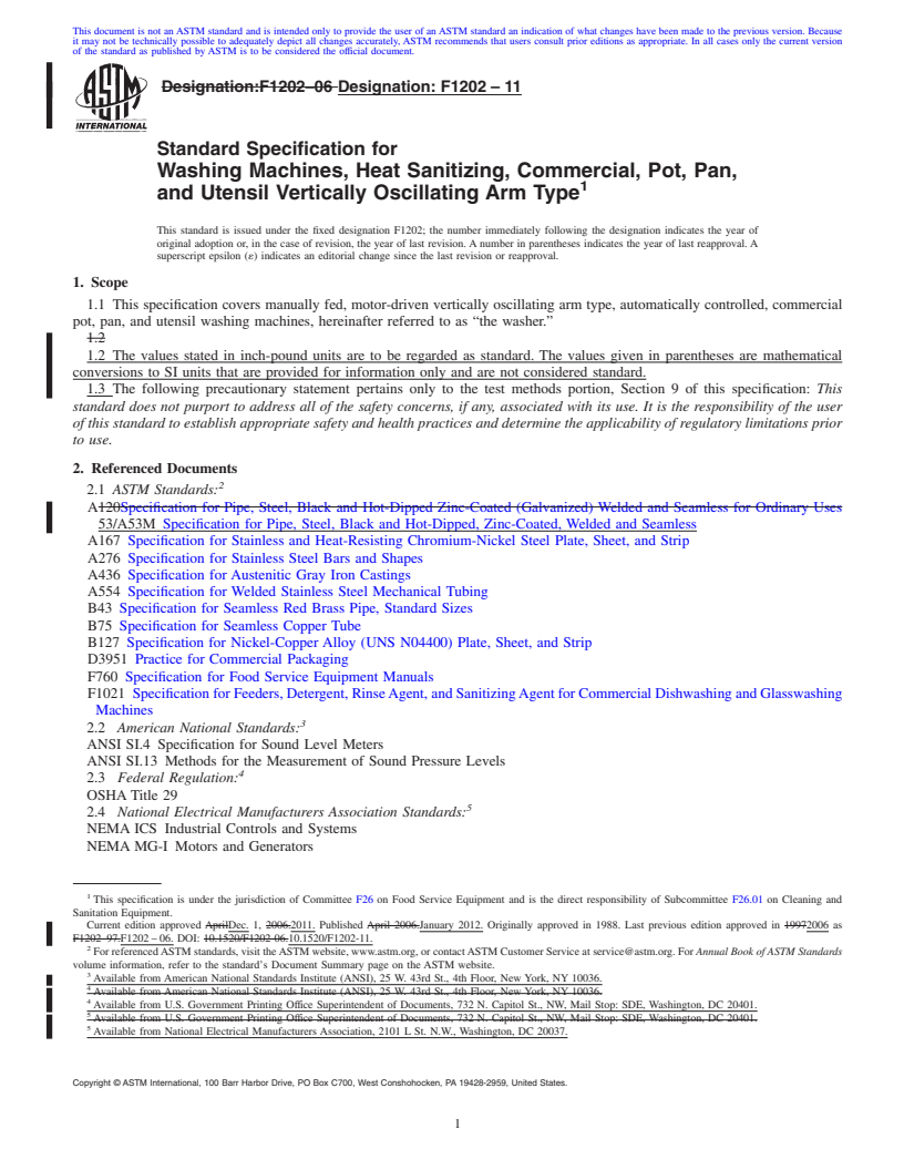 REDLINE ASTM F1202-11 - Standard Specification for Washing Machines, Heat Sanitizing, Commercial, Pot, Pan, and Utensil Vertically Oscillating Arm Type