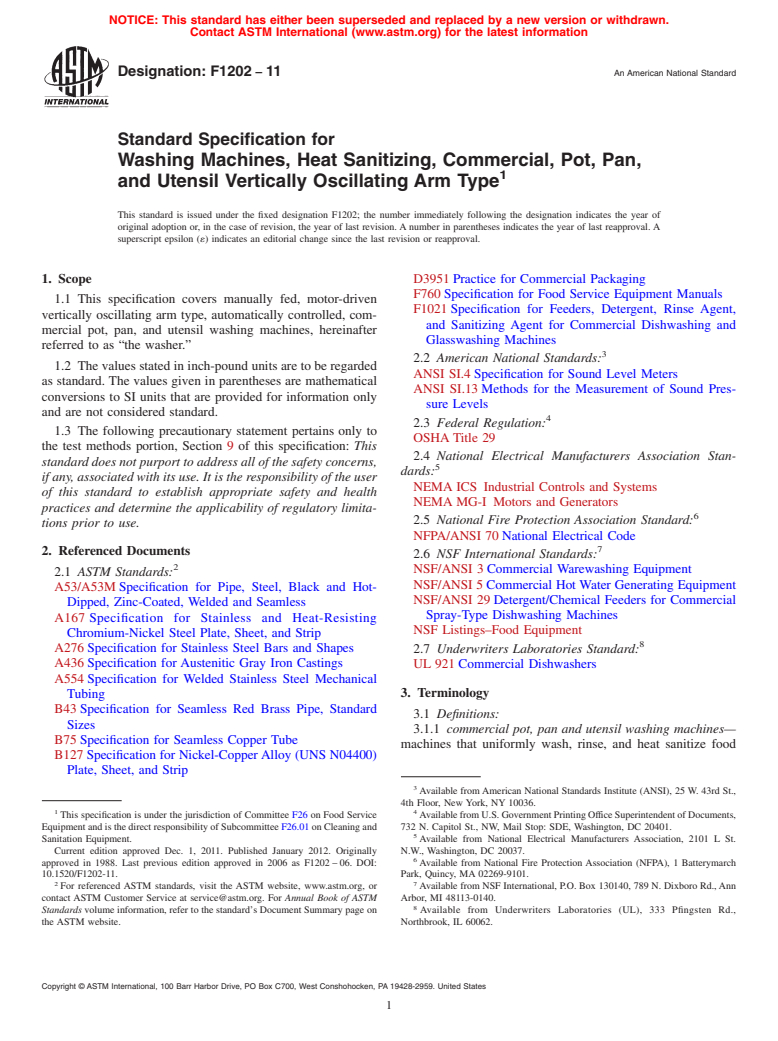 ASTM F1202-11 - Standard Specification for Washing Machines, Heat Sanitizing, Commercial, Pot, Pan, and Utensil Vertically Oscillating Arm Type