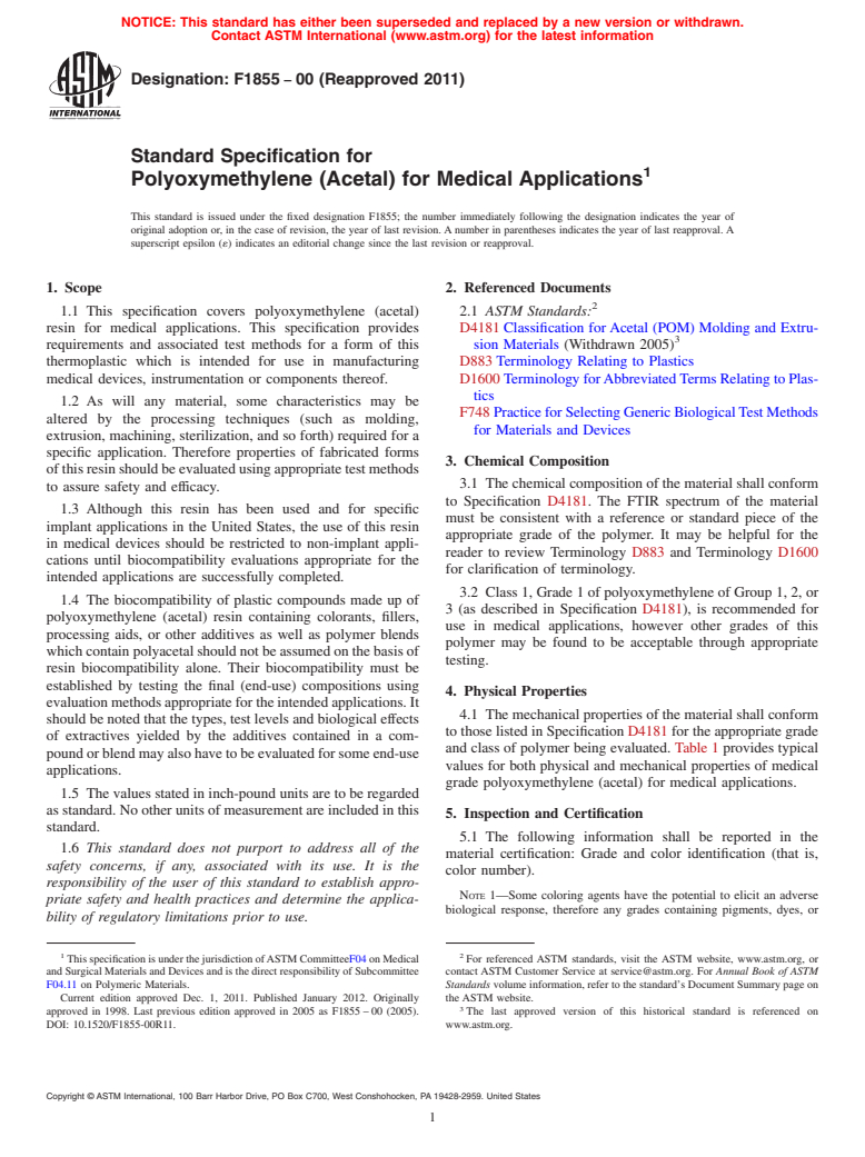 ASTM F1855-00(2011) - Standard Specification for Polyoxymethylene (Acetal) for Medical Applications