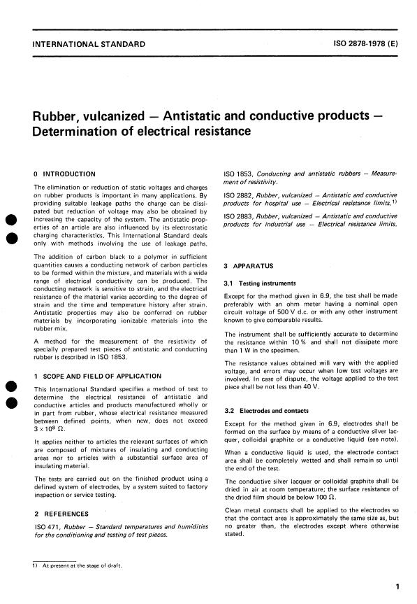ISO 2878:1978 - Rubber, vulcanized -- Antistatic and conductive products -- Determination of electrical resistance