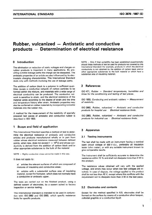 ISO 2878:1987 - Rubber, vulcanized -- Antistatic and conductive products -- Determination of electrical resistance