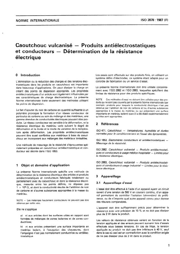 ISO 2878:1987 - Caoutchouc vulcanisé -- Produits antiélectrostatiques et conducteurs -- Détermination de la résistance électrique