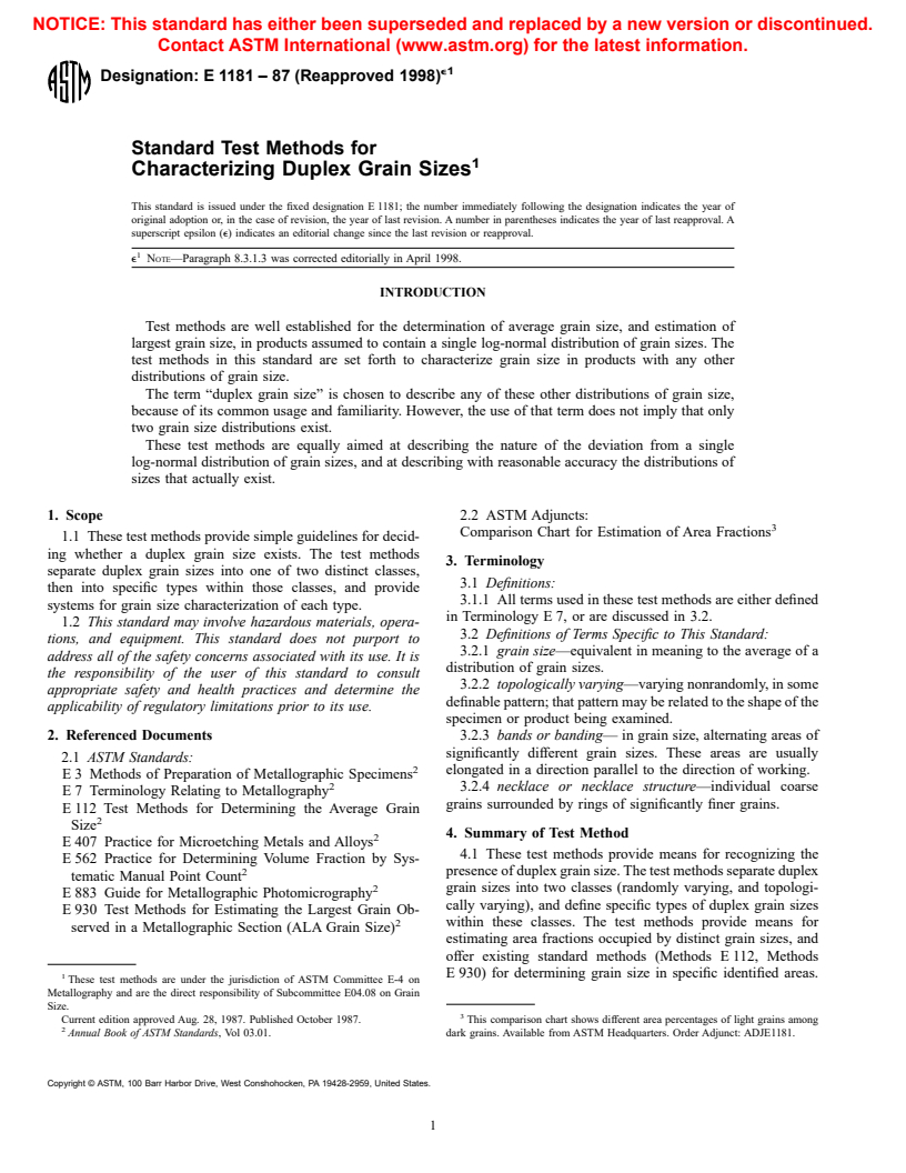 ASTM E1181-87(1998)e1 - Standard Test Methods for Characterizing Duplex Grain Sizes