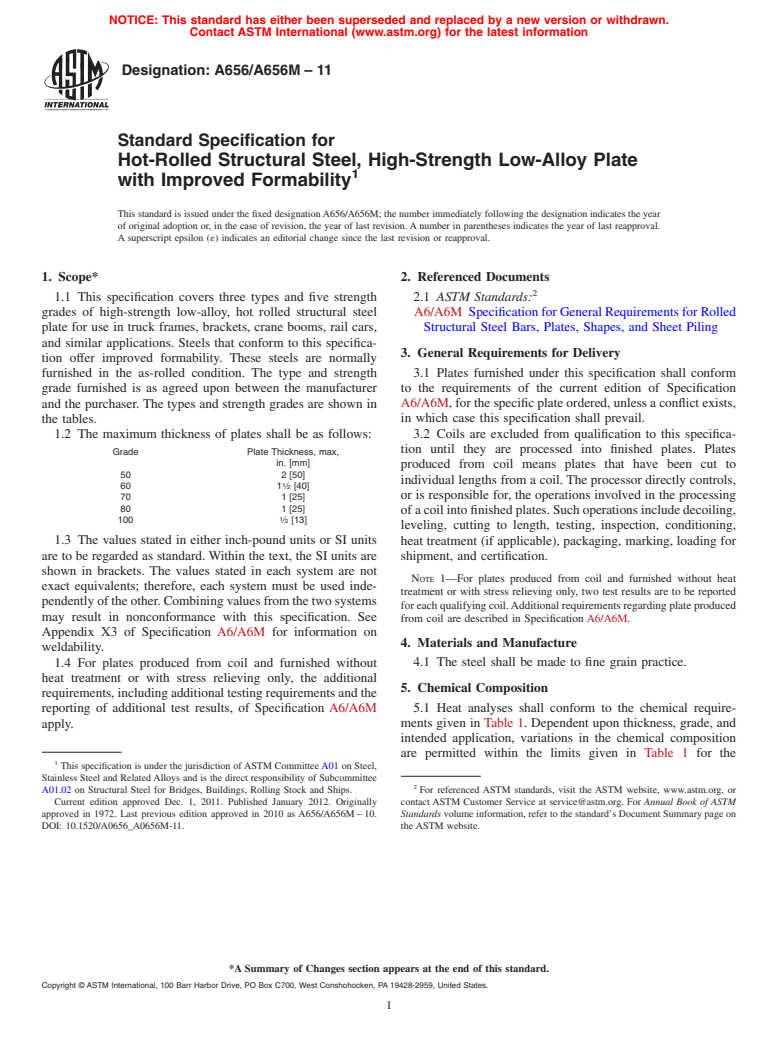 ASTM A656/A656M-11 - Standard Specification for Hot-Rolled Structural Steel, High-Strength Low-Alloy Plate with Improved  Formability