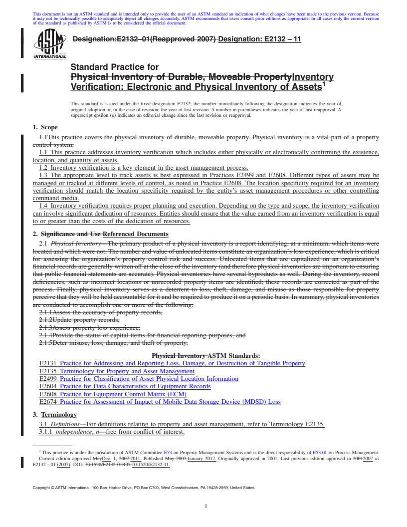 REDLINE ASTM E2132-11 - Standard Practice for Inventory Verification: Electronic and Physical Inventory of Assets