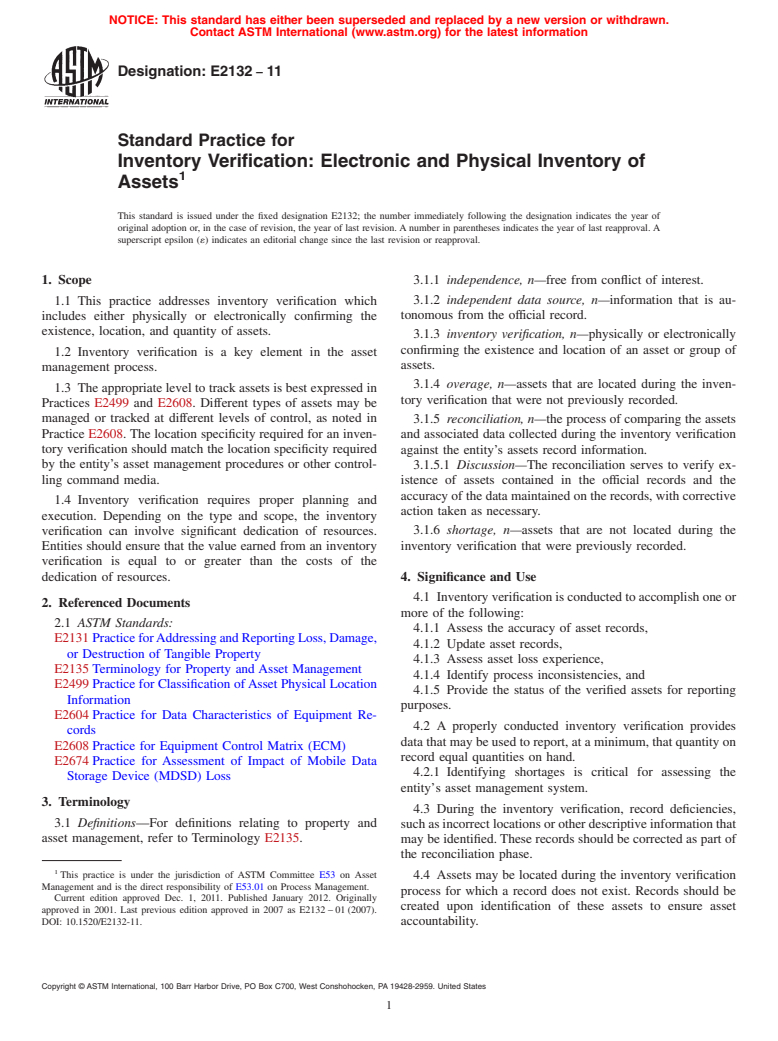 ASTM E2132-11 - Standard Practice for Inventory Verification: Electronic and Physical Inventory of Assets