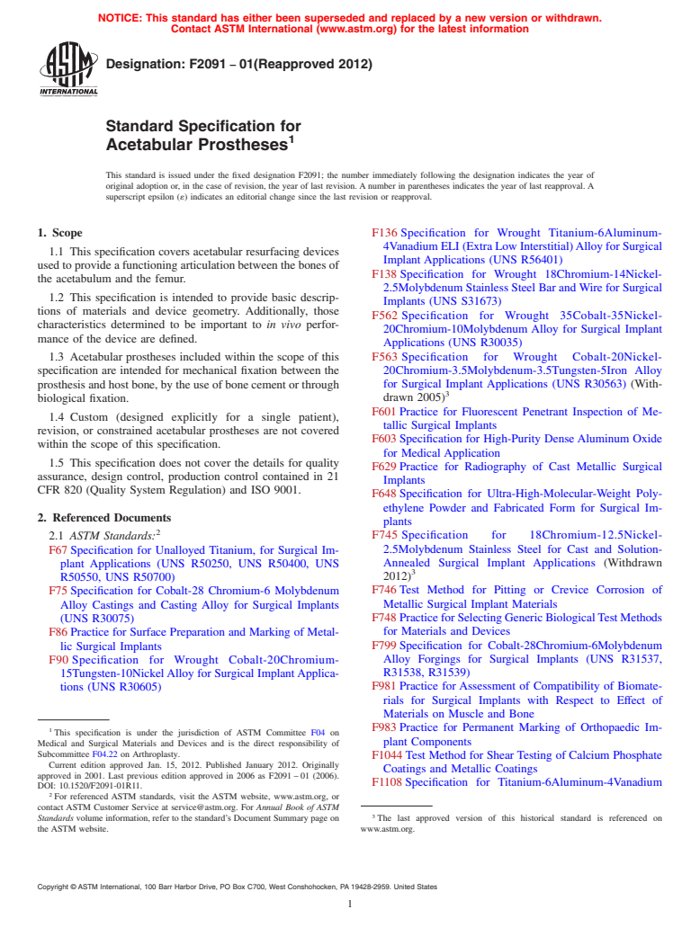 ASTM F2091-01(2012) - Standard Specification for Acetabular Prostheses