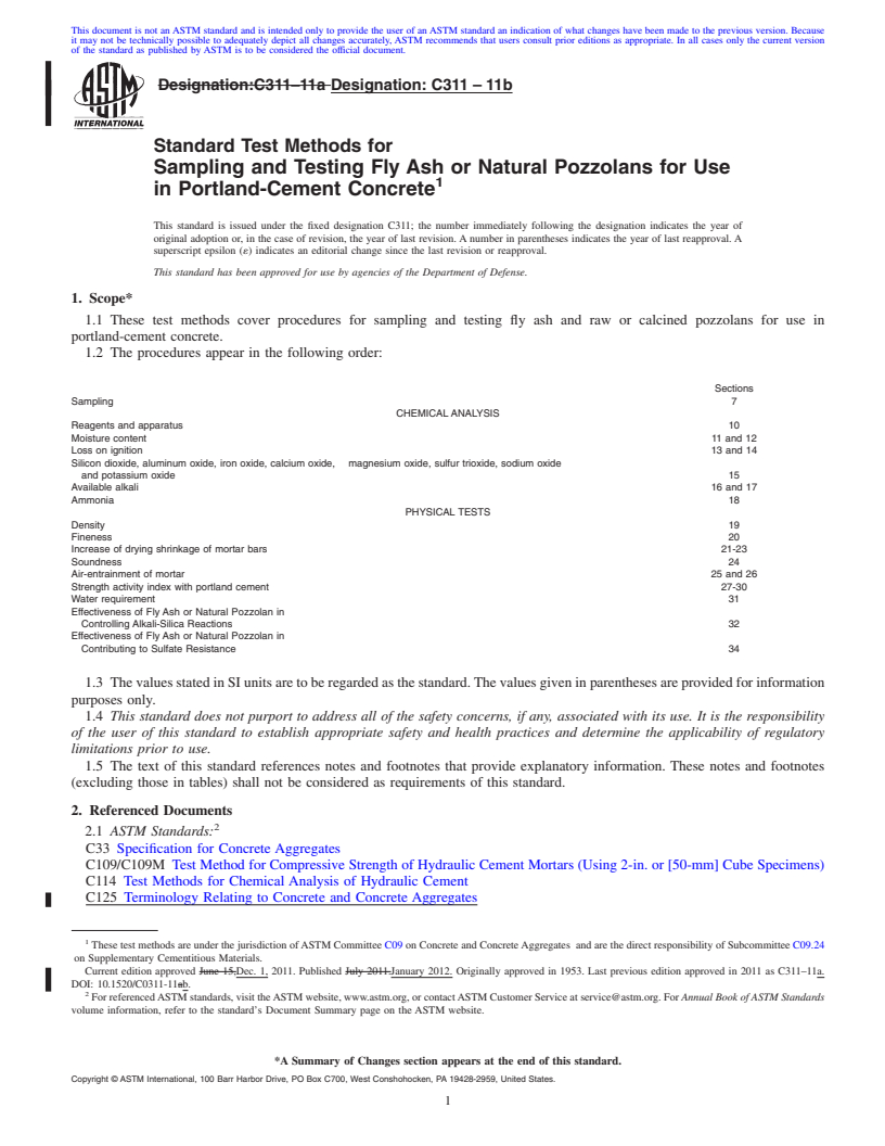 REDLINE ASTM C311-11b - Standard Test Methods for  Sampling and Testing Fly Ash or Natural Pozzolans for Use in Portland-Cement  Concrete