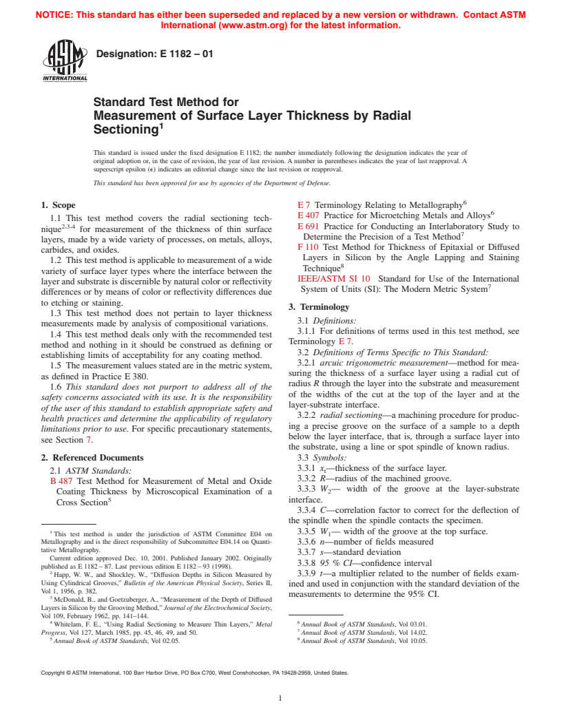 ASTM E1182-01 - Standard Test Method for Measurement of Surface Layer Thickness by Radial Sectioning (Withdrawn 2002)