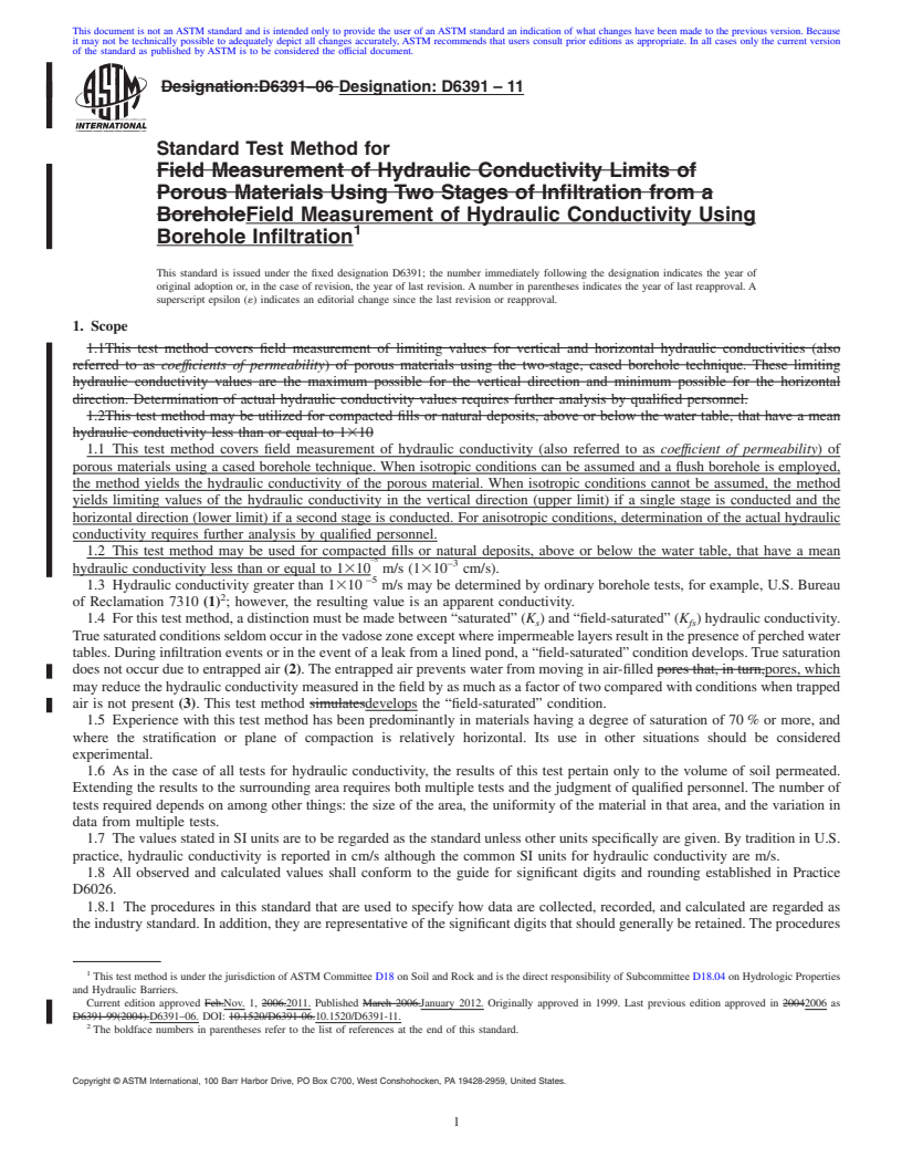 REDLINE ASTM D6391-11 - Standard Test Method for Field Measurement of Hydraulic Conductivity Using Borehole Infiltration