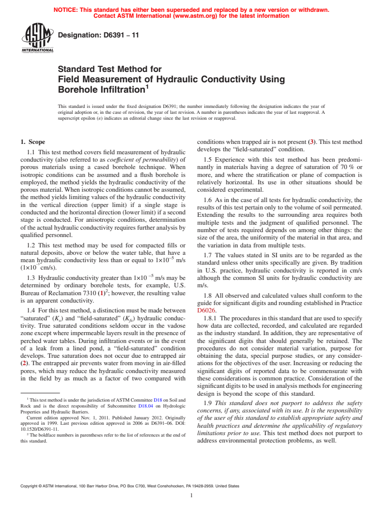 ASTM D6391-11 - Standard Test Method for Field Measurement of Hydraulic Conductivity Using Borehole Infiltration