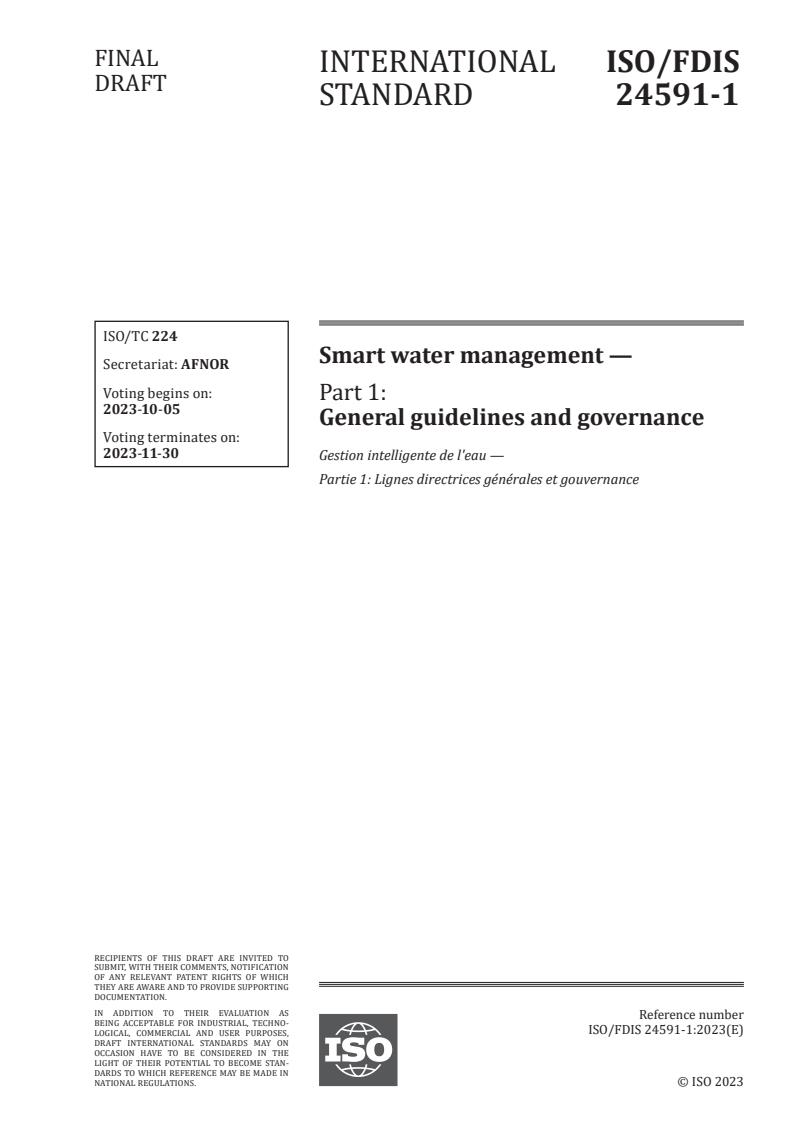 ISO/FDIS 24591-1 - Smart water management — Part 1: General guidelines and governance
Released:21. 09. 2023
