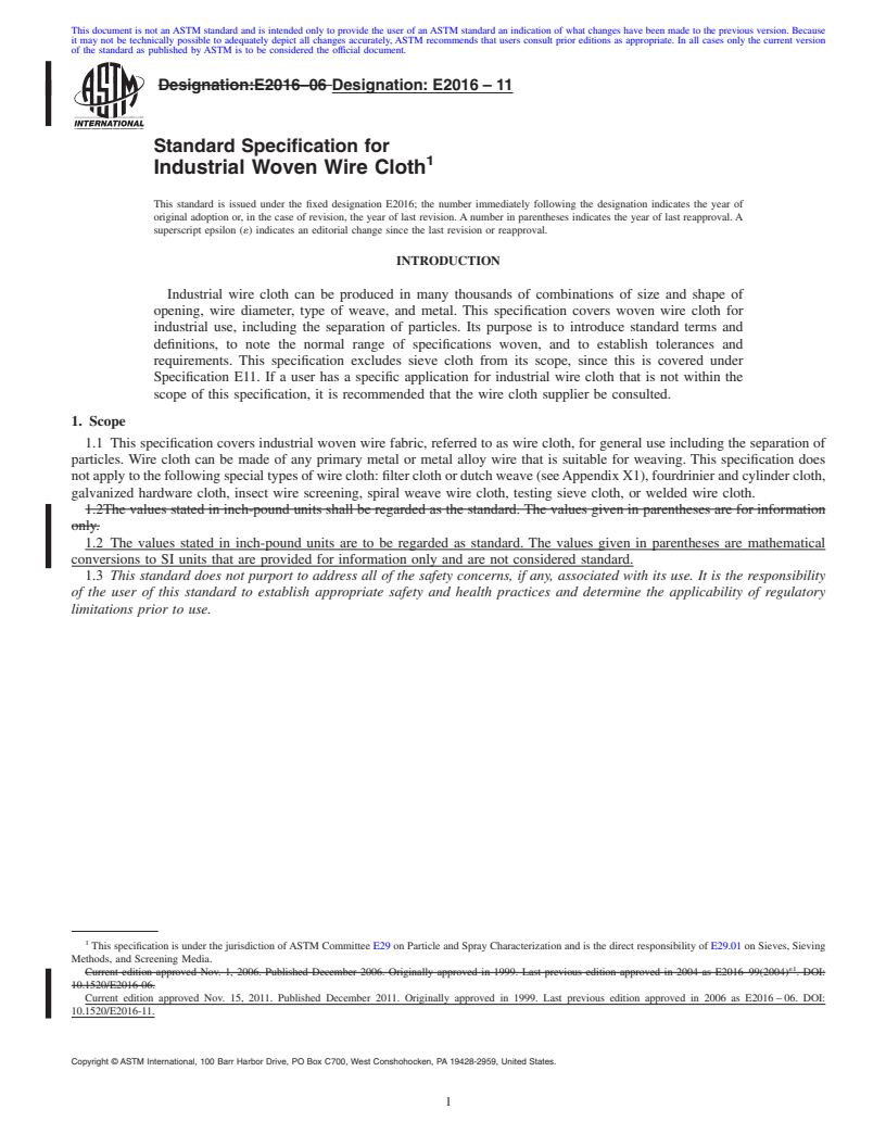 REDLINE ASTM E2016-11 - Standard Specification for Industrial Woven Wire Cloth