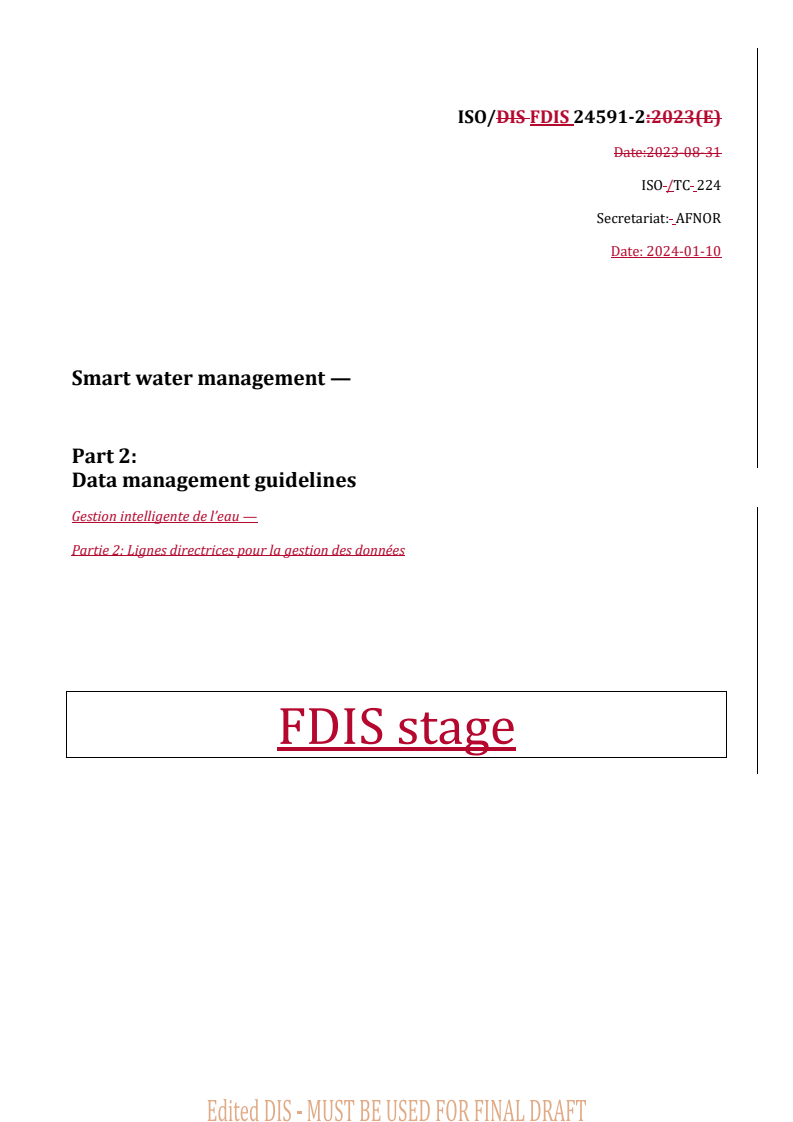 REDLINE ISO/FDIS 24591-2 - Smart water management — Part 2: Data management guidelines
Released:10. 01. 2024