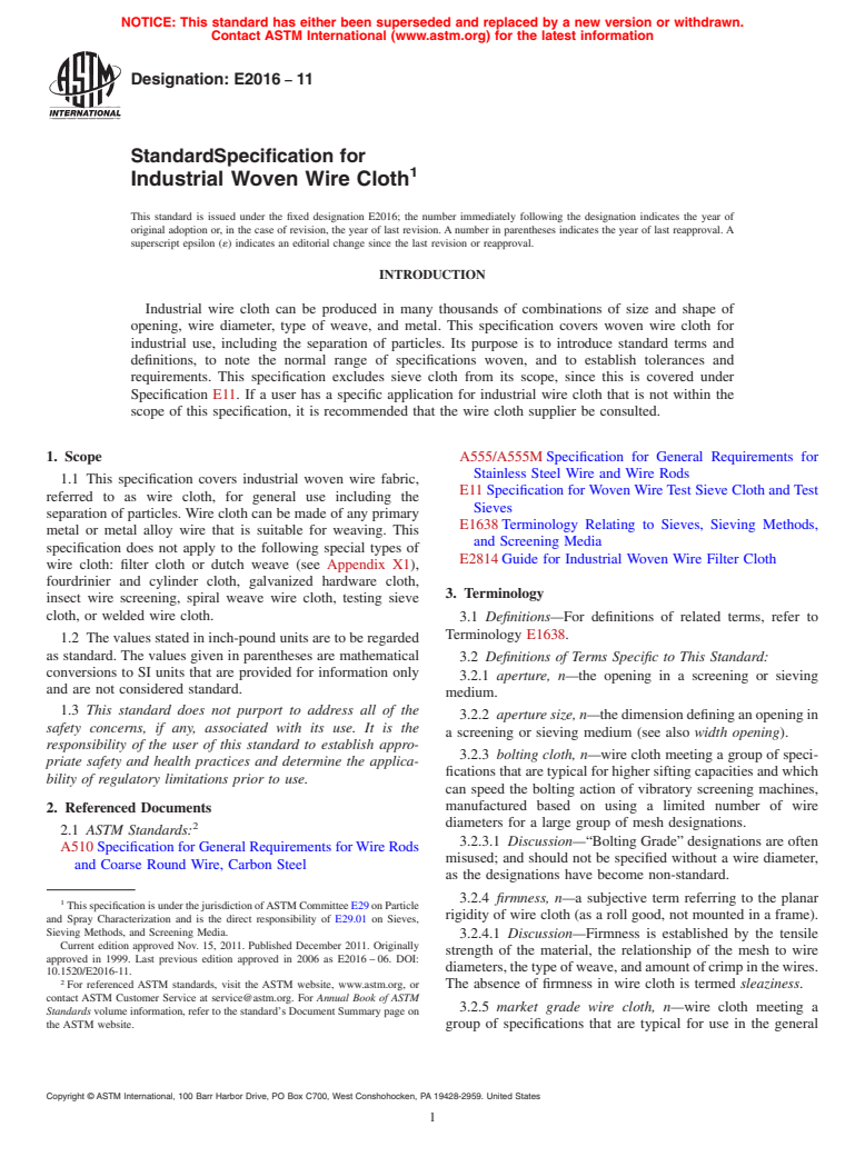 ASTM E2016-11 - Standard Specification for Industrial Woven Wire Cloth