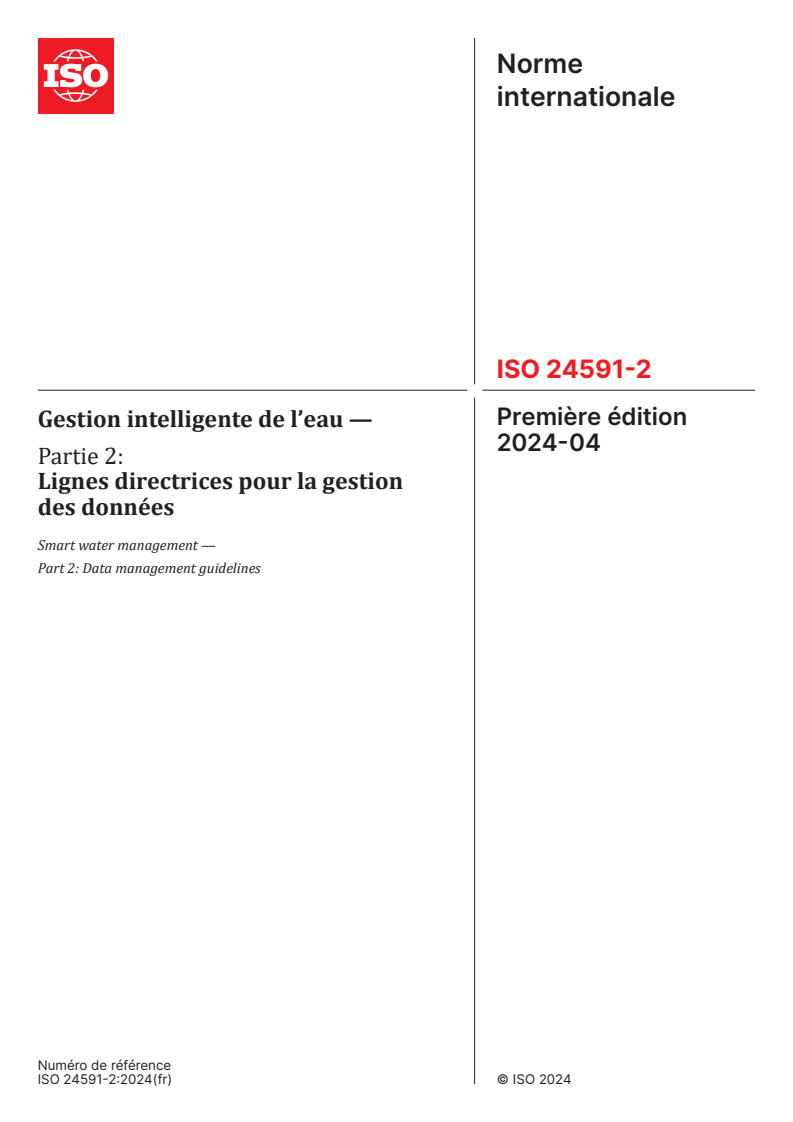 ISO 24591-2:2024 - Gestion intelligente de l’eau — Partie 2: Lignes directrices pour la gestion des données
Released:29. 04. 2024