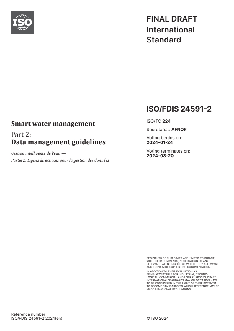 ISO/FDIS 24591-2 - Smart water management — Part 2: Data management guidelines
Released:10. 01. 2024