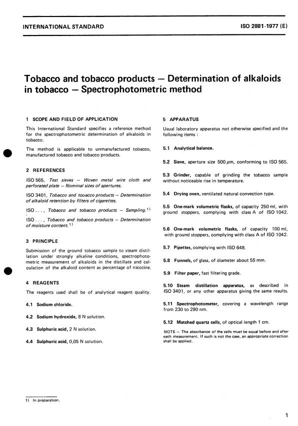 ISO 2881:1977 - Tobacco and tobacco products -- Determination of alkaloids in tobacco -- Spectrophotometric method