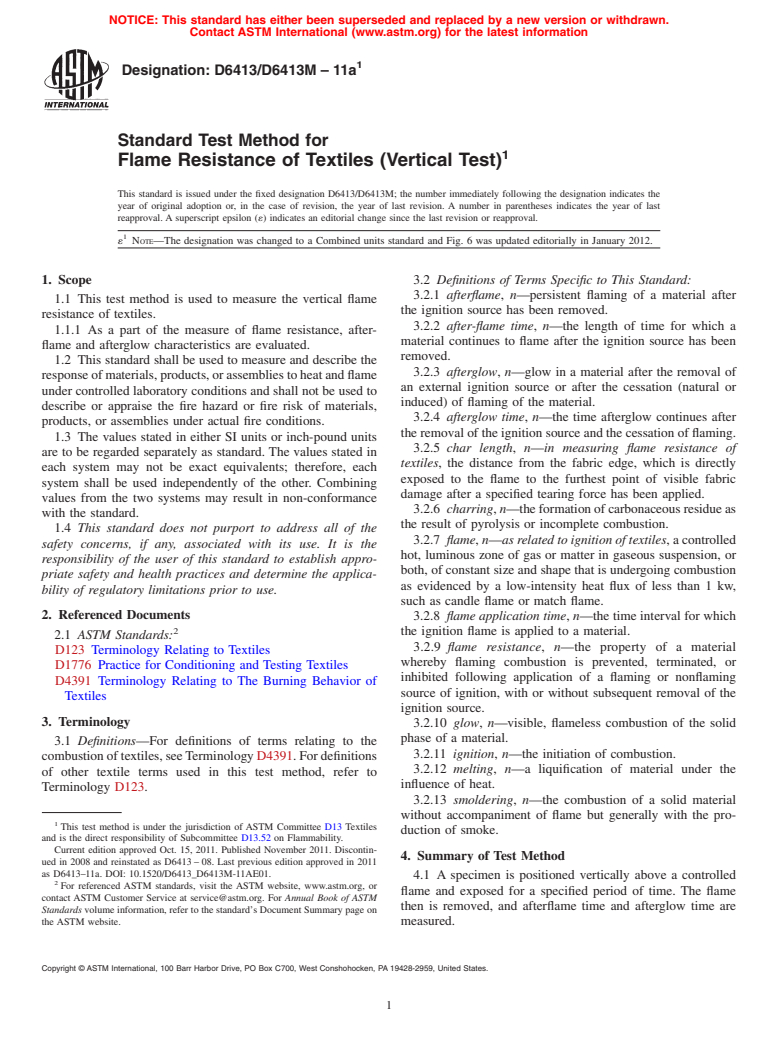 ASTM D6413/D6413M-11ae1 - Standard Test Method for Flame Resistance of Textiles (Vertical Test)