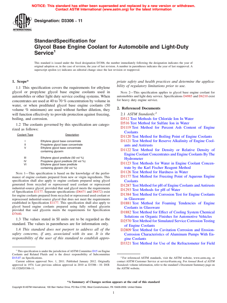 ASTM D3306-11 - Standard Specification for Glycol Base Engine Coolant for Automobile and Light-Duty Service