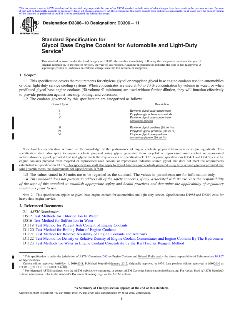 REDLINE ASTM D3306-11 - Standard Specification for Glycol Base Engine Coolant for Automobile and Light-Duty Service