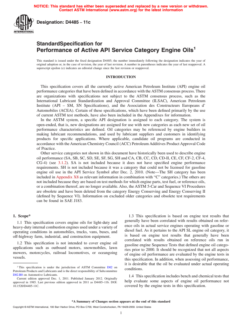 ASTM D4485-11c - Standard Specification for Performance of Active API Service Category Engine Oils