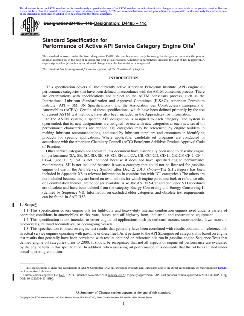 REDLINE ASTM D4485-11c - Standard Specification for Performance of Active API Service Category Engine Oils
