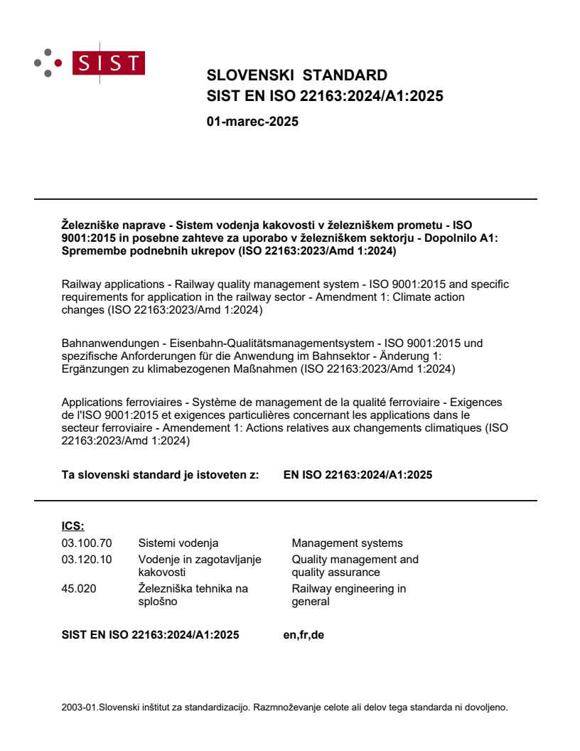 EN ISO 22163:2024/A1:2025 - Railway applications - Railway quality ...