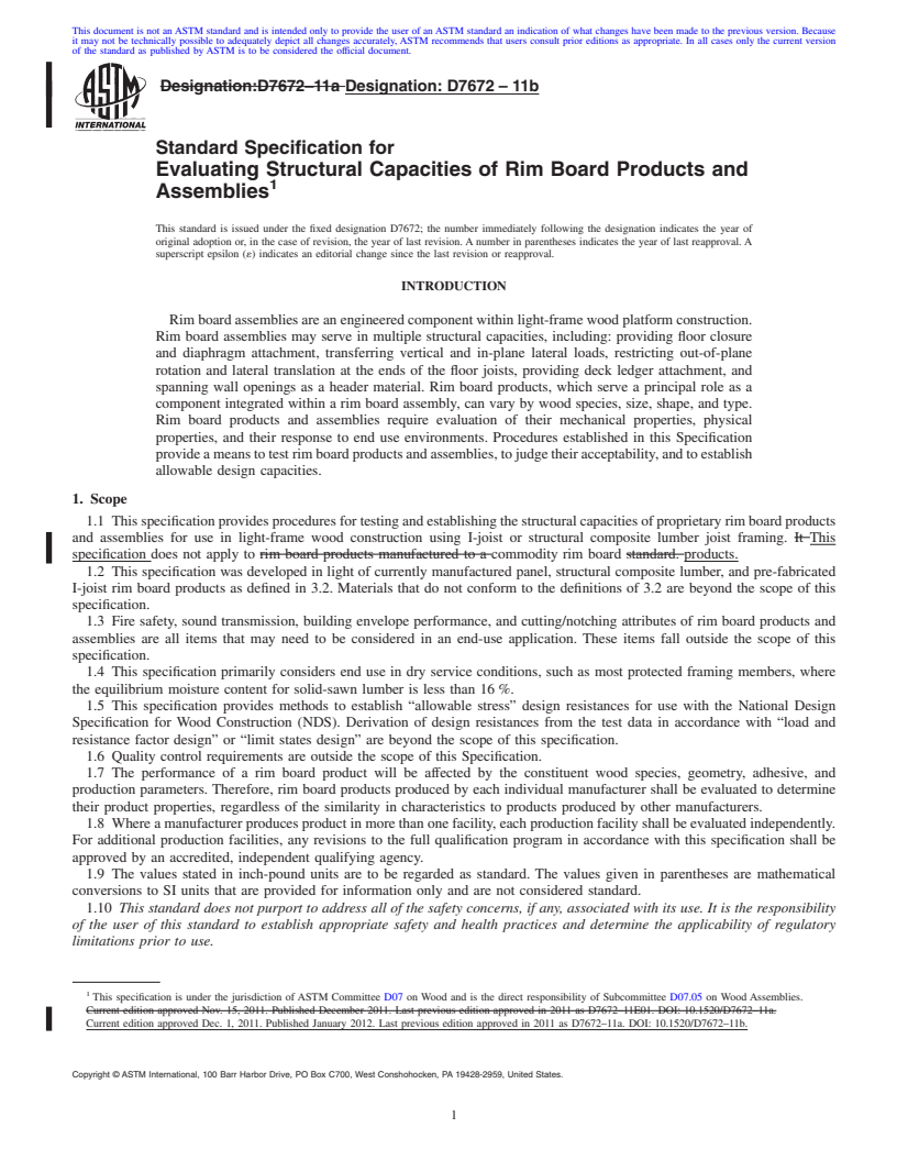 REDLINE ASTM D7672-11b - Standard Specification for Evaluating Structural Capacities of Rim Board Products and Assemblies