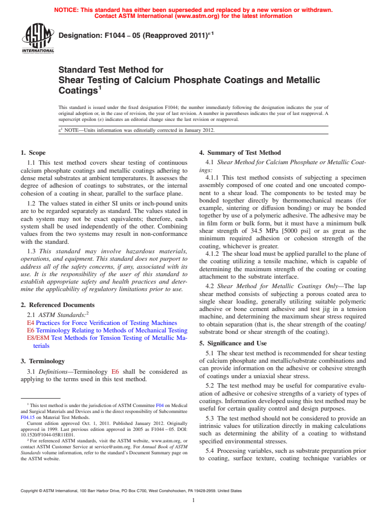 ASTM F1044-05(2011)e1 - Standard Test Method for  Shear Testing of Calcium Phosphate Coatings and Metallic Coatings