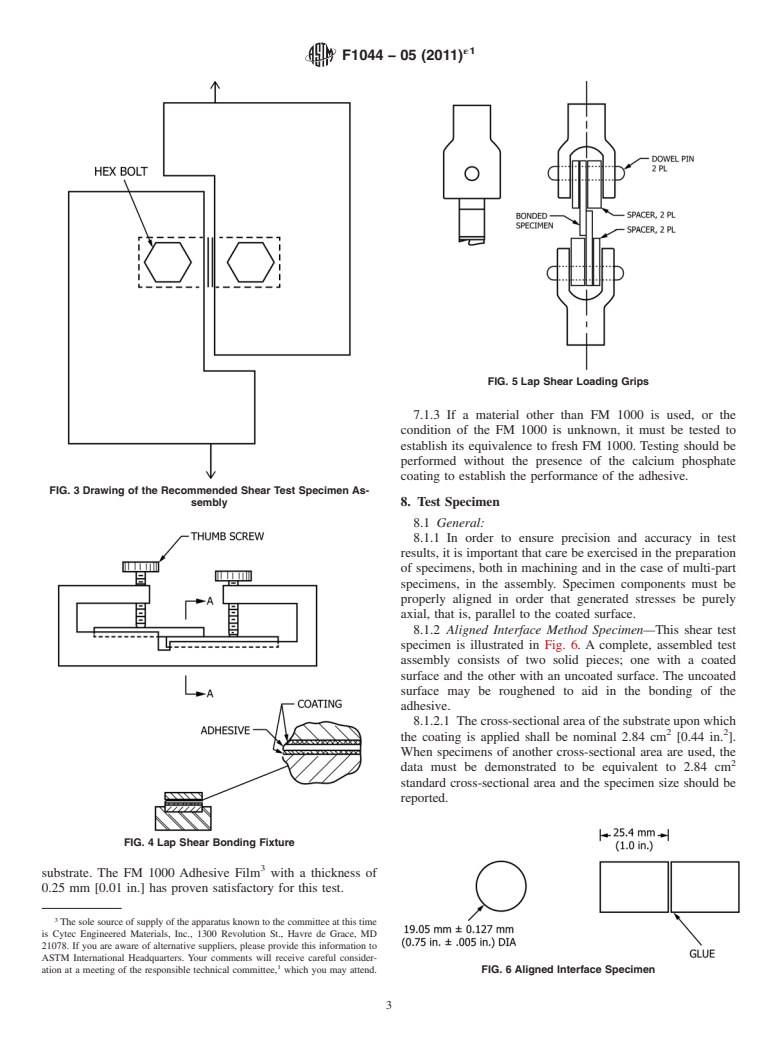 ASTM F1044-05(2011)e1 - Standard Test Method for  Shear Testing of Calcium Phosphate Coatings and Metallic Coatings