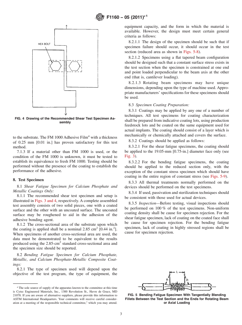 ASTM F1160-05(2011)e1 - Standard Test Method for Shear and Bending Fatigue Testing of Calcium Phosphate and Metallic Medical and Composite Calcium Phosphate/Metallic Coatings