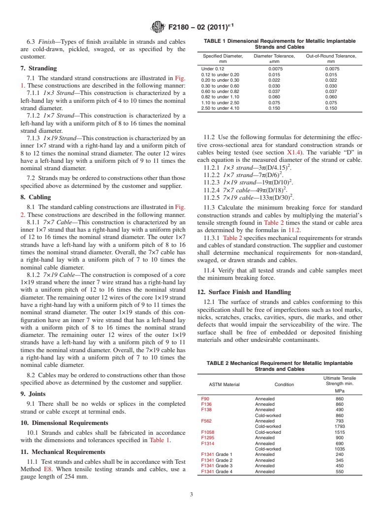 ASTM F2180-02(2011)e1 - Standard Specification for Metallic Implantable Strands and Cables