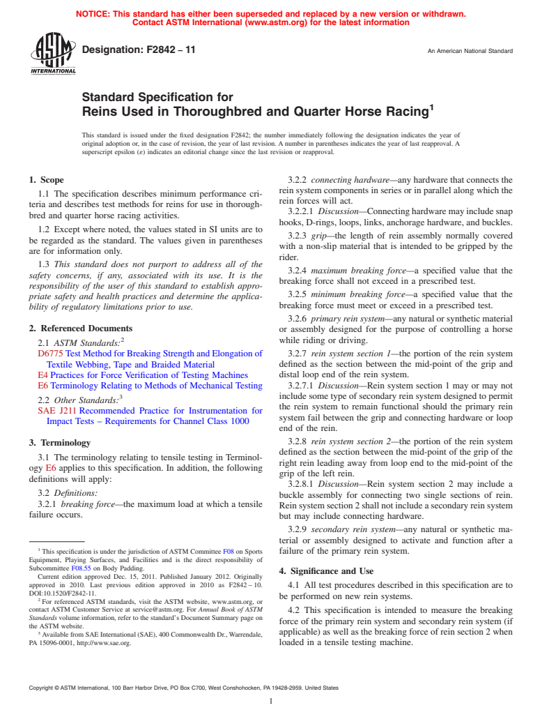 ASTM F2842-11 - Standard Specification for Reins Used in Thoroughbred and Quarter Horse Racing