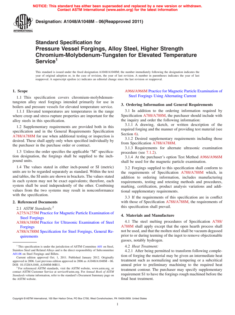 ASTM A1048/A1048M-06(2011) - Standard Specification for Pressure Vessel Forgings, Alloy Steel, Higher Strength Chromium-Molybdenum-Tungsten for Elevated Temperature Service (Withdrawn 2016)