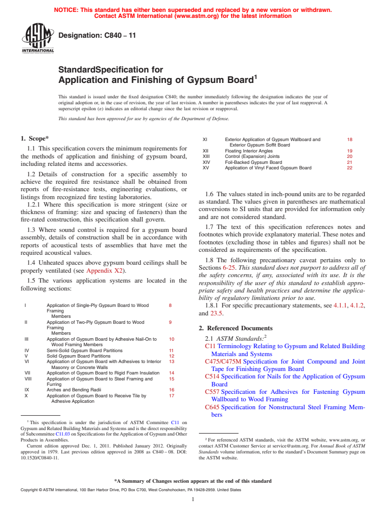 ASTM C840-11 - Standard Specification for Application and Finishing of Gypsum Board