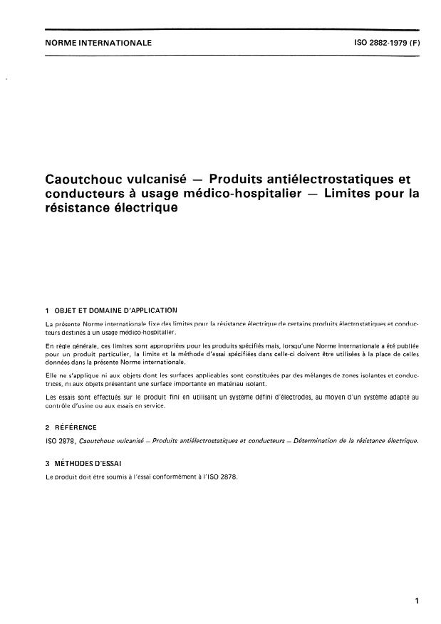 ISO 2882:1979 - Caoutchouc vulcanisé -- Produits antiélectrostatiques et conducteurs a usage médico-hospitalier -- Limites pour la résistance électrique